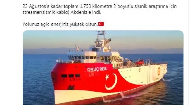 Bakan Dönmez'den 'Oruç Reis' paylaşımı: Sismik kablo Akdeniz'e indi
