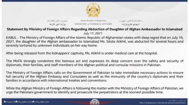 Afganistan Dışişleri Bakanlığı, Afgan büyükelçinin kaçırılan kızı hakkında açıklama yaptı