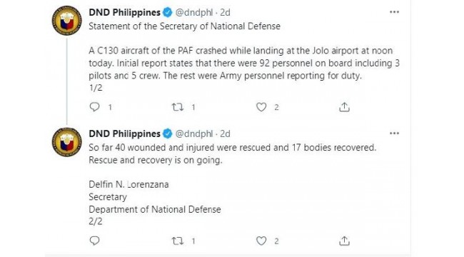 Filipinler Savunma Bakanlığı: askeri uçak kazasında 17 ölü