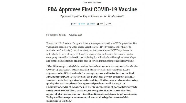 FDA'dan PfizerBioNTech aşısına tam onay