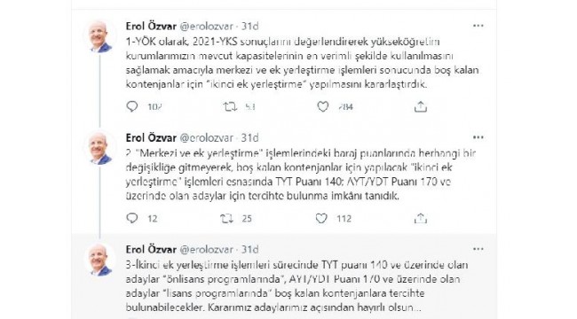 YÖK Başkanı Özvar'dan 'baraj puan' açıklaması