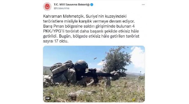 MSB: Saldırı girişiminde bulunan 4 PKKYPG'li etkisiz hale getirildi